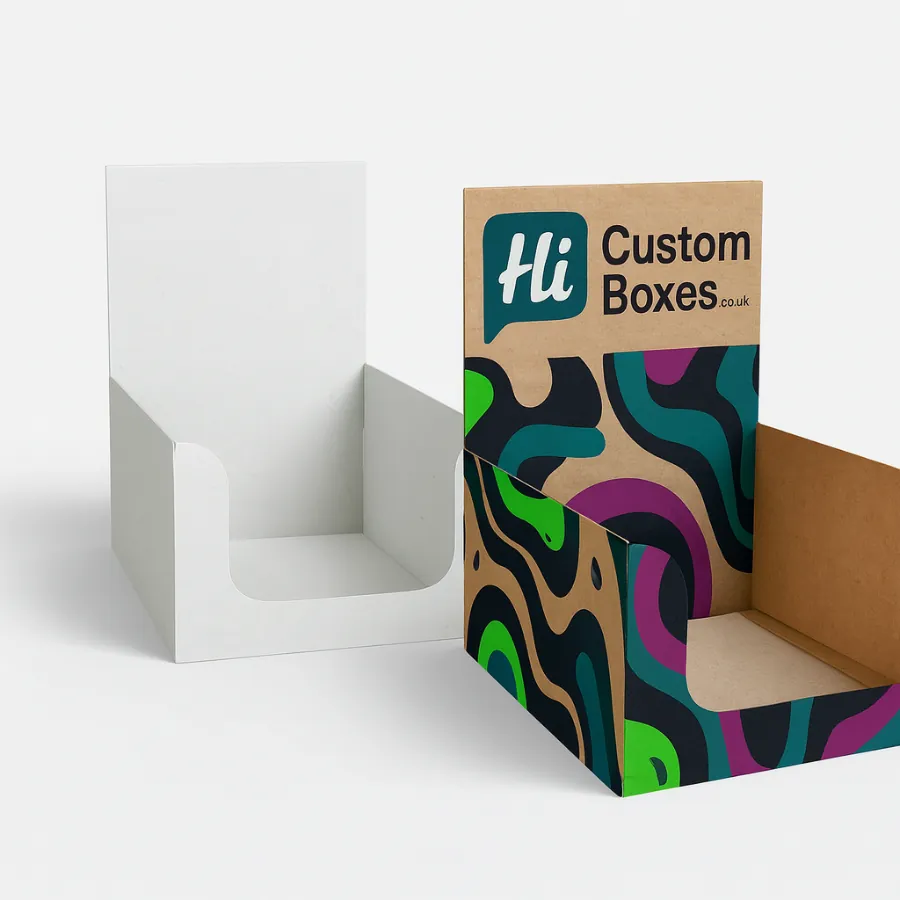 White and custom-printed Kraft display boxes with a wavy pattern and UK branding- class=